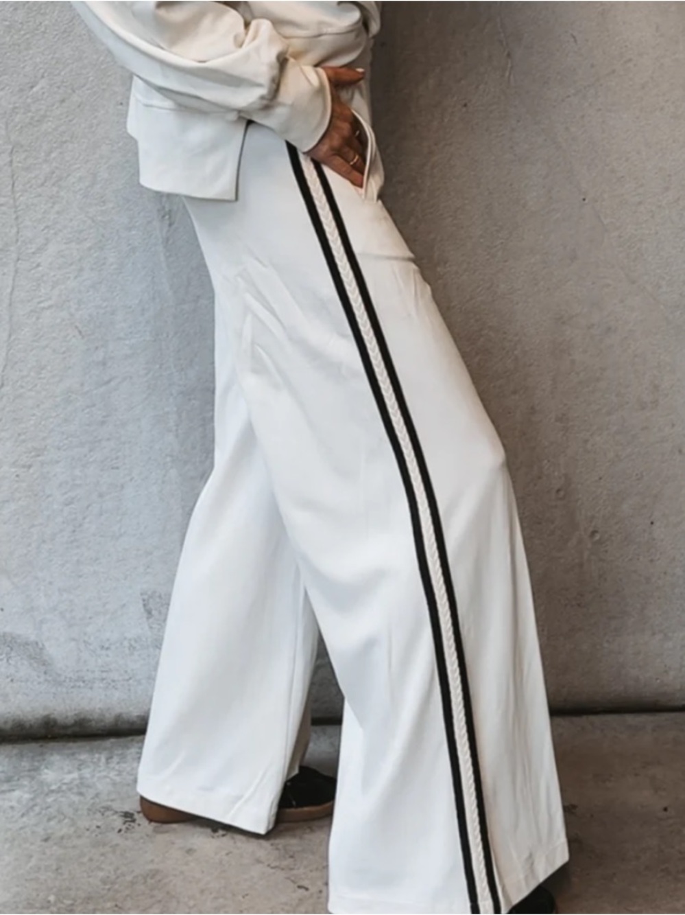 Wide Leg Pants/ Joggers in Cream with Black Stripe from Lucy Dodwell. S. NWT